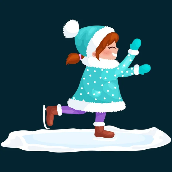 Chica al aire libre patinaje hielo aislado, diversión vacaciones de invierno actividad, Feliz Navidad y feliz año nuevo vector ilustración — Vector de stock