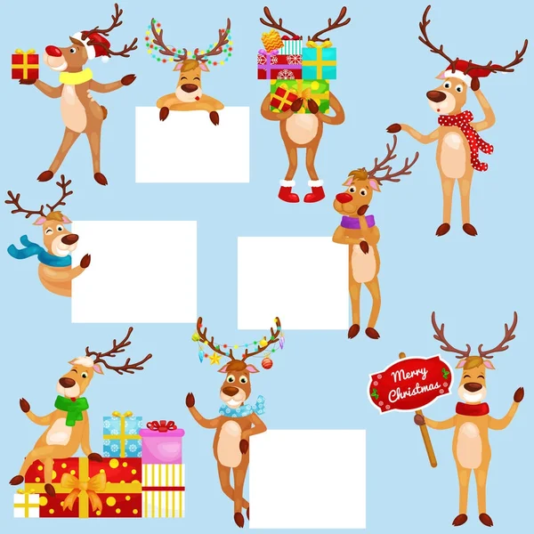 Noel ayarlamak geyik izole afiş, mutlu kış xmas tatil hayvan tebrik kartı, santa yardımcı Ren geyiği vektör çizim ile — Stok Vektör