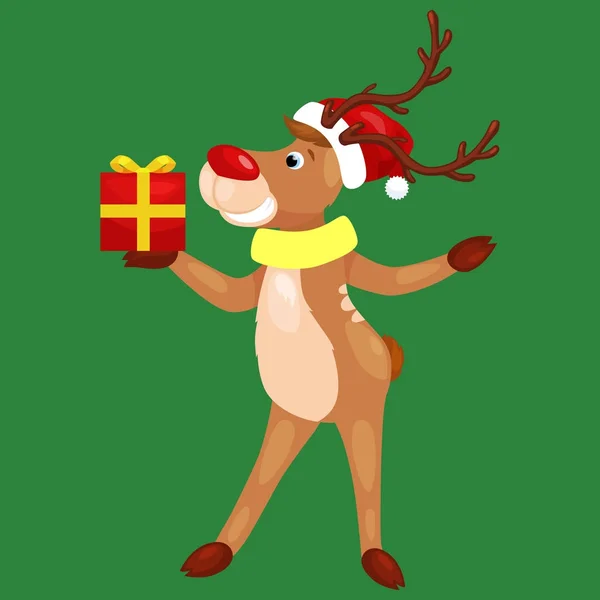 Venado de Navidad con banner aislado, feliz Navidad de invierno tarjeta de felicitación animal, santa ayudante renos vector ilustración — Vector de stock