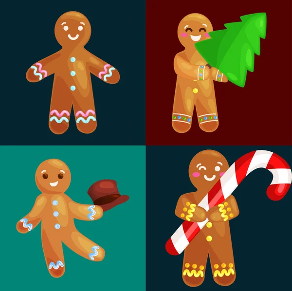 Набір різдвяного печива імбирний чоловік, прикрашений глазур'ю, танцює і розважається в капелюсі подарунки на дереві, різдвяна солодка їжа Векторні ілюстрації — стоковий вектор