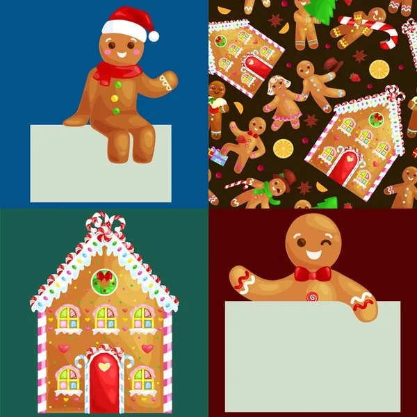 Set christmas cookies speculaaspop en meisje in de buurt van zoete huis versierd met slagroom dansen met plezier in een GLB de boom geschenken, xmas voedsel vectorillustratie — Stockvector