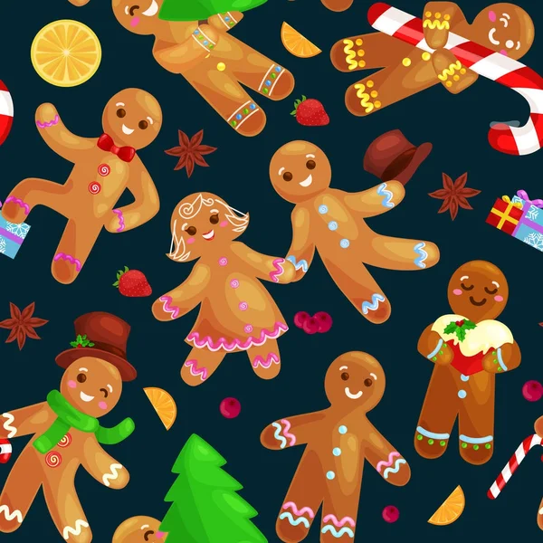 Padrão sem costura biscoitos de Natal homem e menina de gengibre decorado com dança de gelo se divertindo em um boné os presentes da árvore, xmas doce ilustração vetor de comida — Vetor de Stock