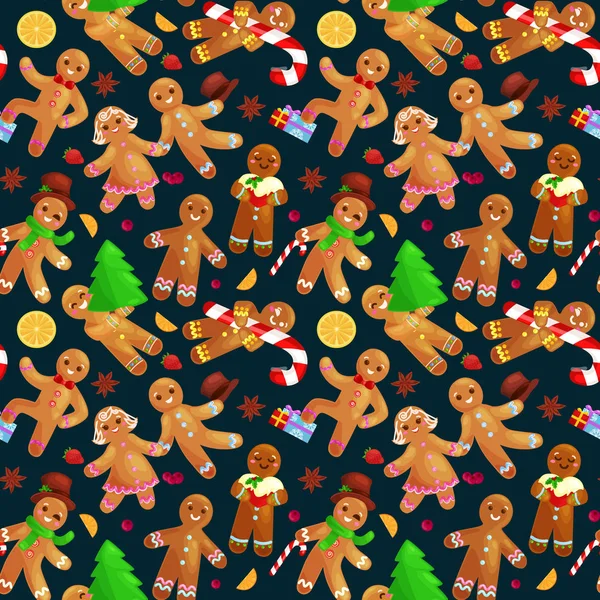 Seamless pattern christmas cookies gingerbread man and girl decorated with icing dancing  having fun in a cap  the  tree  gifts, xmas sweet food vector illustration — Stock Vector