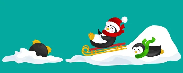 Dos feliz lindo pingüino de Navidad en sombrero y bufanda trineo toboganes de hielo de nieve en la víspera del nuevo año. Ilustración del vector de saludo — Vector de stock