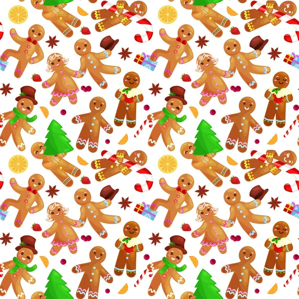 Бесшовный шаблон рождественские печенья пряники человек и девушка украшены танцами глазури весело в шапке подарки елки, Xmas векторная иллюстрация сладкой пищи — стоковый вектор