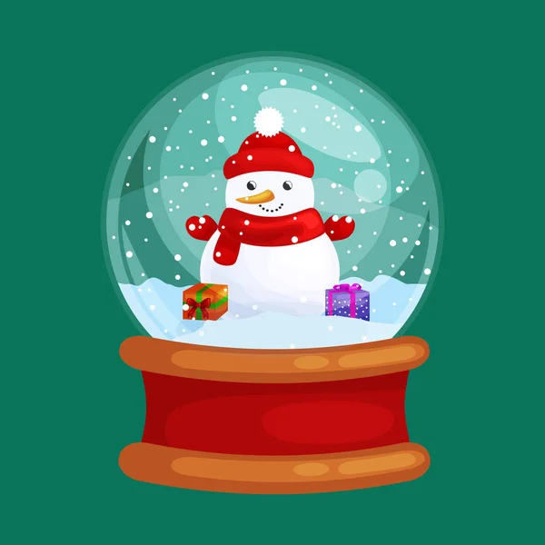 Navidad muñeco de nieve celebración presente en vidrio globo para Navidad, decoración de vacaciones de invierno, blanco en sombrero y bufanda celebración año nuevo vector ilustración — Vector de stock