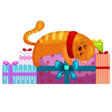 Noel hediyeleri, kedi yavrusu hediye kutusu, hayvan tatil vektör çizim ile mutlu sevimli kedi