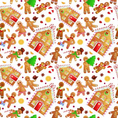 Dikişsiz desen Noel kurabiye zencefilli kurabiye adam ve kız şirin bir evi yakınındaki eğleniyor bir kap içinde ağaç hediyeler, Noel gıda vektör çizim dans buzlanma ile dekore edilmiş