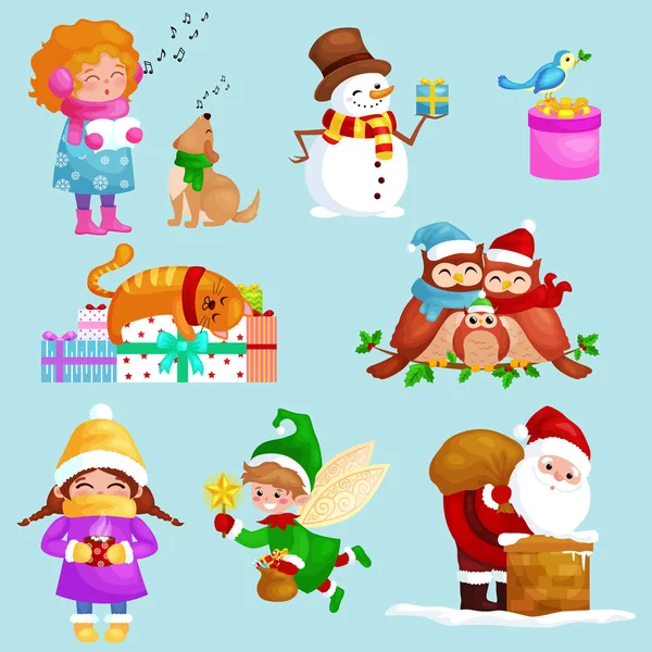 Ilustraciones conjunto Feliz Navidad Feliz año nuevo, chica cantar canciones navideñas con mascotas, regalos muñeco de nieve, gato y perro disfrutar de los regalos, búhos pájaro familiar, elfo Santa Claus escalada bolsa de chimenea — Vector de stock