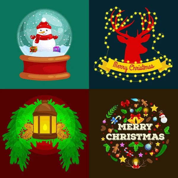 Conjunto de tarjetas de felicitación Feliz Navidad y un Feliz Año Nuevo con linterna, las luces en cuernos de reno, dulces en regalos de muñeco de nieve Ciervo rojo — Vector de stock