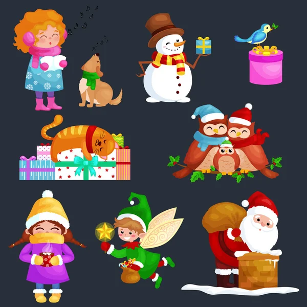 Illustrations set Merry Christmas Happy new year, girl sing holiday songs with pets, snowman gifts, cat and dog enjoy presents, owls family  bird, elf Santa Claus climbing chimney  bag — Stock Vector