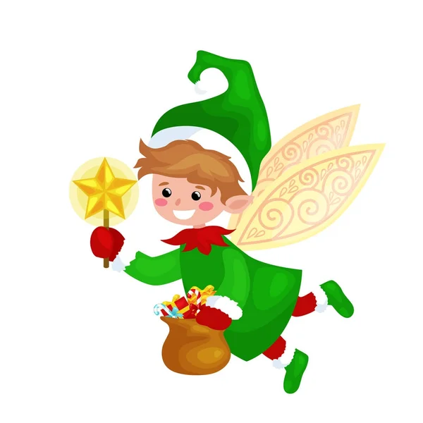 飞圣诞精灵与翅膀和魔术棒明星在一个绿色西装袋糖果, 助理圣诞老人, 帮助持有糖果壶新年快乐 — 图库矢量图片