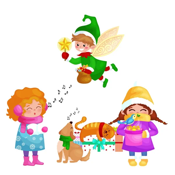 矢量插图设置圣诞快乐新年, 女孩唱节日歌曲与宠物, 猫和狗享受礼物, 精灵苍蝇使用翅膀魔术棒明星 — 图库矢量图片