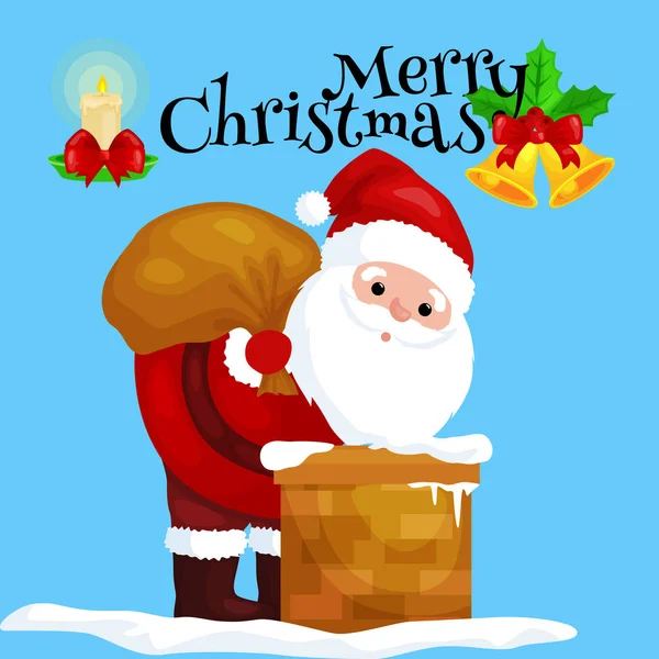 Natal Papai Noel em terno vermelho com saco cheio de presentes nas subidas chaminé que daria presentes na véspera ou feriado de inverno xmass, ilustração vetor de ano novo —  Vetores de Stock
