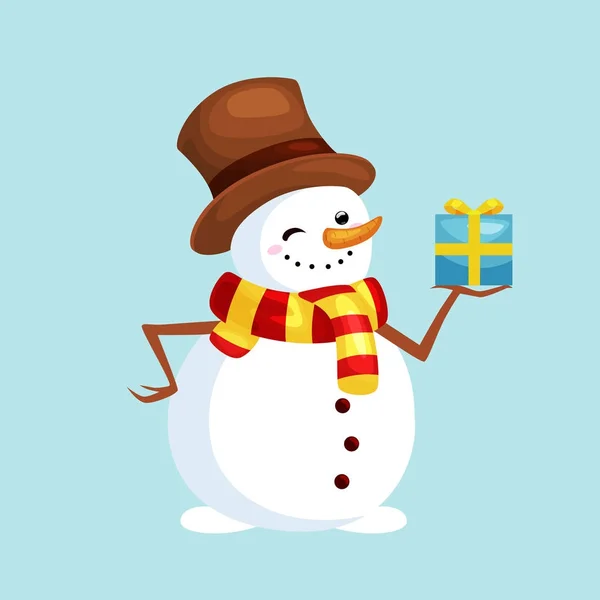 Navidad muñeco de nieve blanco en sombrero y bufanda con regalo de Navidad de invierno para la celebración de año nuevo vector ilustración — Vector de stock