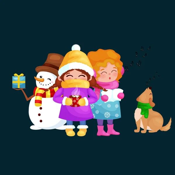 Векторні ілюстрації встановити Веселих свят з новим роком, дівчата співають пісні свято зі своїм собакою, сніговика в капелюсі, проведення подарунки, діти теплі рукавички шарфи капелюхи, насолоджуючись зимові вихідні — стоковий вектор