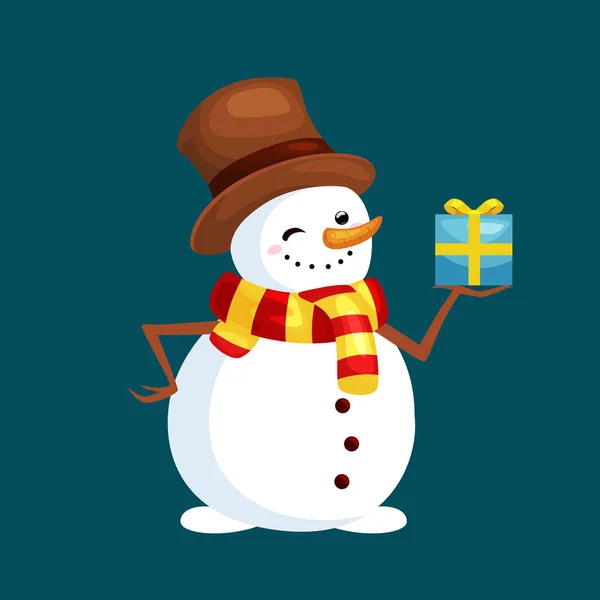 Weihnachten weißer Schneemann in Mütze und Schal mit Winter-Weihnachtsgeschenk zur Feier des neuen Jahres Vektor Illustration — Stockvektor