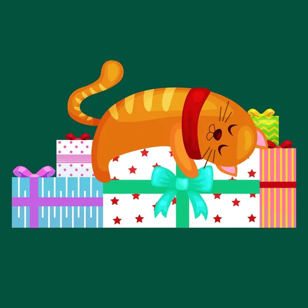 Счастливая милая кошка с рождественскими подарками, коробка подарков котенка, векторная иллюстрация праздников животных — стоковый вектор