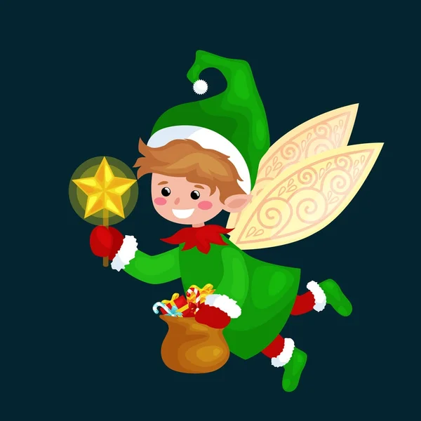 Fliegende Weihnachtselfe isoliert mit Flügeln und Zauberstab Stern in einem grünen Anzugstasche mit Süßigkeiten, Assistent Weihnachtsmann, Helfer hält Bonbontopf für ein frohes neues Jahr — Stockvektor