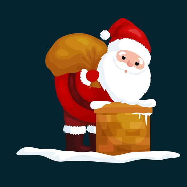 Navidad Santa Claus en traje rojo con bolsa llena de regalos en las subidas de la chimenea que daría regalos en la víspera o vacaciones de invierno xmass, ilustración del vector de año nuevo — Vector de stock