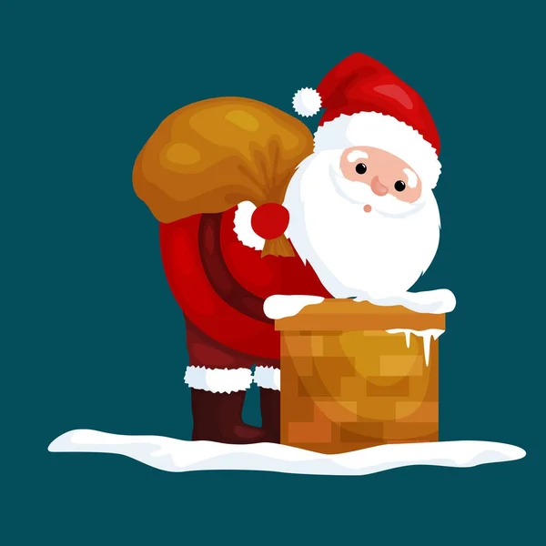 Navidad Santa Claus en traje rojo con bolsa llena de regalos en las subidas de la chimenea que daría regalos en la víspera o vacaciones de invierno xmass, ilustración del vector de año nuevo — Vector de stock
