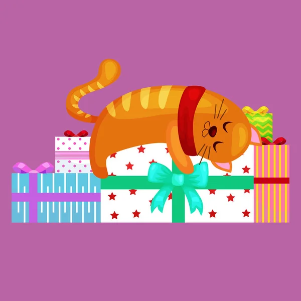 Gato bonito feliz com presentes de Natal, gatinho apresenta caixa, animal feriados vetor ilustração — Vetor de Stock