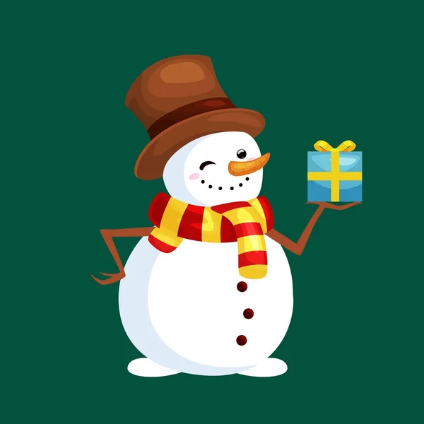 Рождественский белый снеговик в шляпе и шарфе с подарком на Рождество для празднования нового года векторная иллюстрация — стоковый вектор
