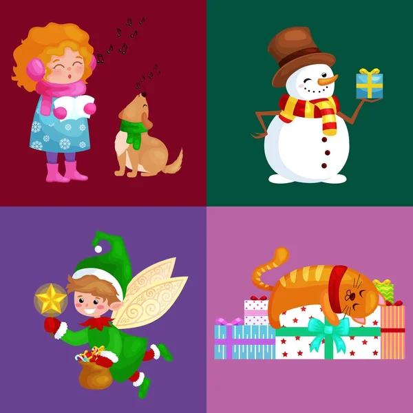Illustrations set Merry Christmas Happy new year, girl sing holiday songs with pets, snowman gifts, cat and dog enjoy presents, elf flies using the wings magic wand star vector — Stock Vector