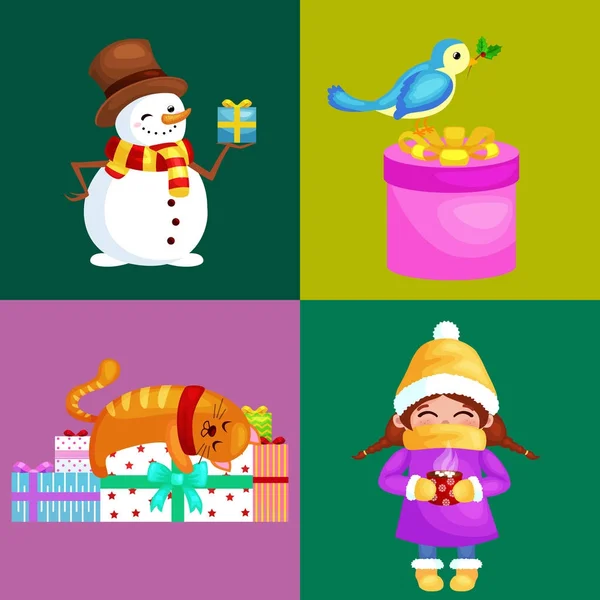 Векторні ілюстрації встановити Веселого Різдва новим роком, дівчина в теплий одяг капелюх шарф та рукавиці в Зимовий відпочинок, сніговик холдингу подарунки, кішки насолодитися стек подарунків — стоковий вектор