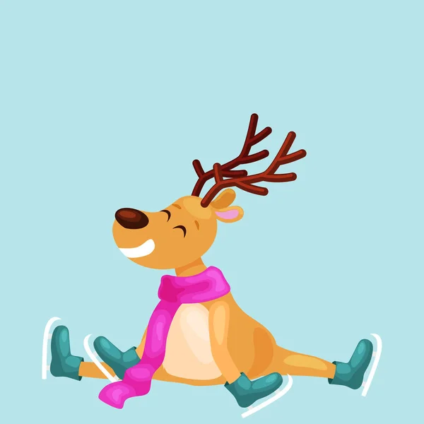 Noel Ren geyiği boynuzları ve mutlu yeni yıl tatili öncesi vakit buz eğlenceli eşarp paten ile kış hayvan geyik illüstrasyon vektör — Stok Vektör