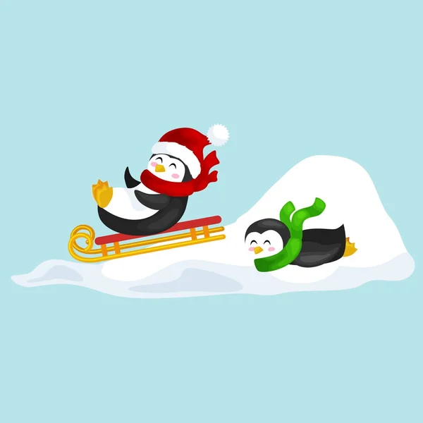 Dos feliz lindo pingüino de Navidad en sombrero y bufanda trineo toboganes de hielo de nieve en la víspera del nuevo año. Ilustración del vector de saludo — Vector de stock