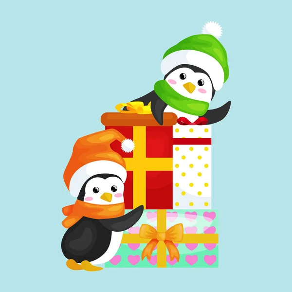 Dois feliz bonito pinguim de Natal em chapéu e cachecol são uma pilha de presentes na véspera do ano novo. Ilustração vetorial saudação com presentes e animais — Vetor de Stock