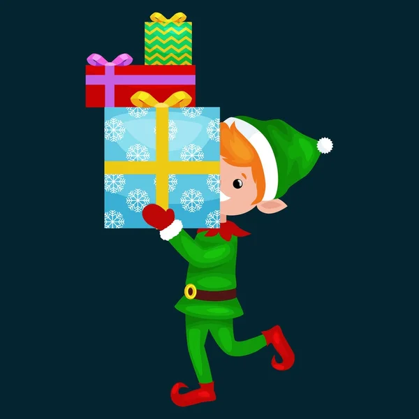 Elfo de Navidad aislado pila de regalos en caja en un traje verde con, asistente de Santa Claus, ayudante de niño celebración para feliz año nuevo — Archivo Imágenes Vectoriales