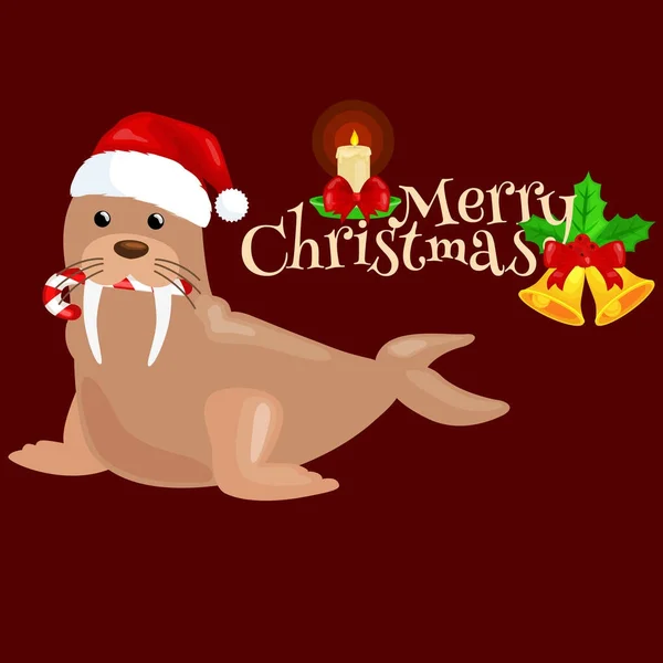 Рождественский морж в шапке и с конфетами во рту пользуется в канун Нового года ждет своих подарков зимние праздники векторные иллюстрации — стоковый вектор