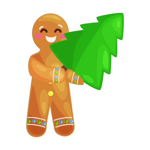 Weihnachtsbaum Plätzchen Lebkuchen Mann mit Zuckerguss Tanz und Spaß Weihnachten süße Lebensmittel Vektor Illustration dekoriert — Stockvektor