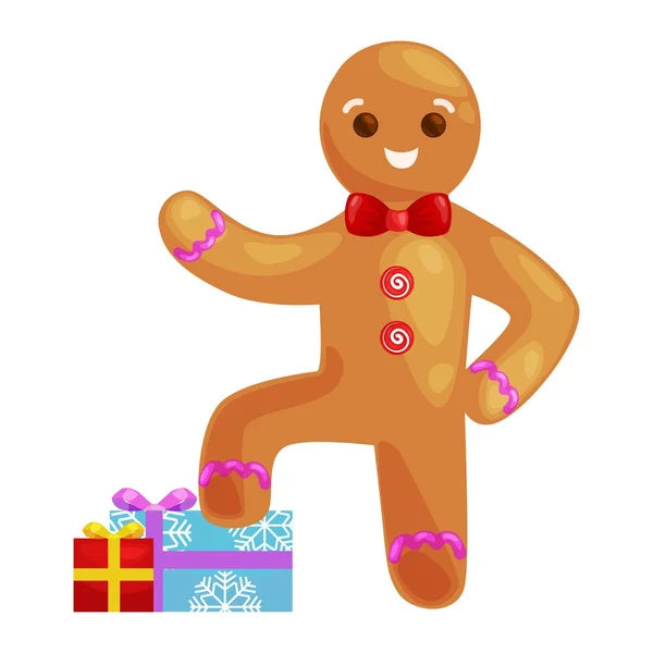 Christmas cookies gingerbread man decorated with icing standing on a stack of gifts xmas sweet food vector illustration — Stock Vector