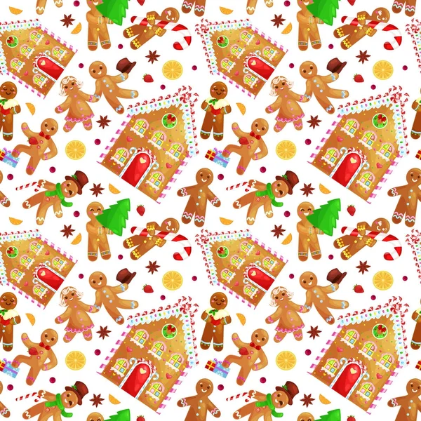Seamless pattern christmas cookies gingerbread man and girl near sweet house decorated with icing dancing  having fun in a cap  the  tree  gifts, xmas  food vector illustration — Stock Vector