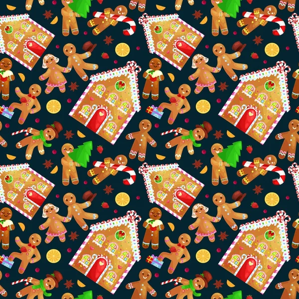 Бесшовный шаблон рождественские печенья пряники человек и девушка рядом сладкий дом украшен глазурью танцы весело в шапке подарки елки, Xmas пищевой вектор иллюстрации — стоковый вектор
