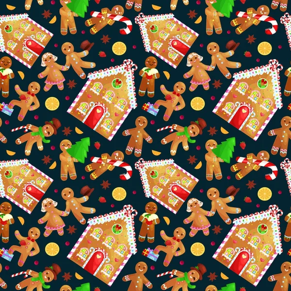 Naadloze patroon christmas cookies speculaaspop en meisje in de buurt van zoete huis versierd met slagroom dansen met plezier in een GLB de boom geschenken, xmas voedsel vectorillustratie — Stockvector