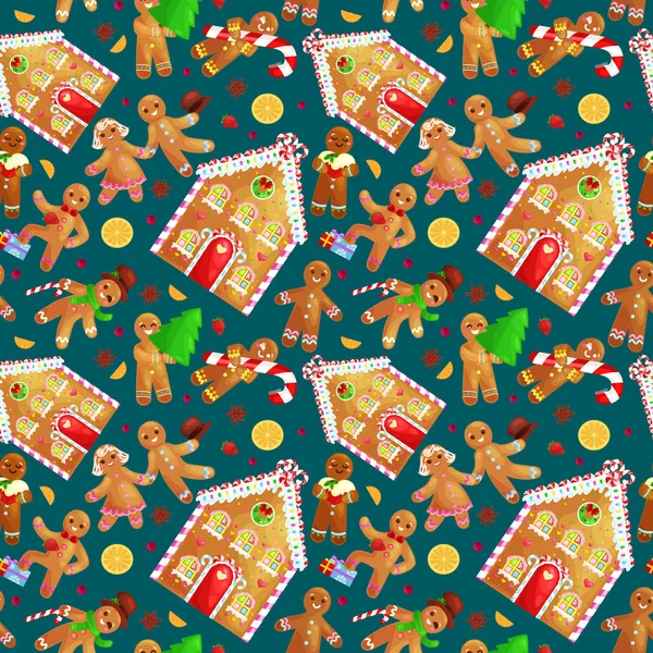 Naadloze patroon christmas cookies speculaaspop en meisje in de buurt van zoete huis versierd met slagroom dansen met plezier in een GLB de boom geschenken, xmas voedsel vectorillustratie — Stockvector