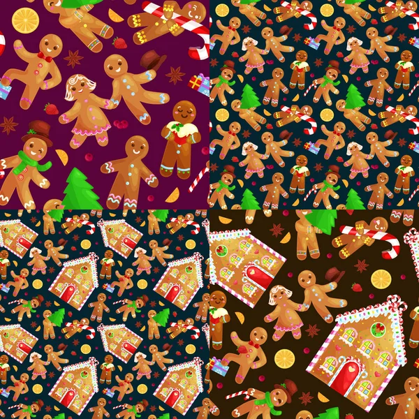 Set christmas cookies speculaaspop versierd met slagroom dansen en plezier in de hoed de boom geschenken, xmas zoete voedsel vectorillustratie — Stockvector