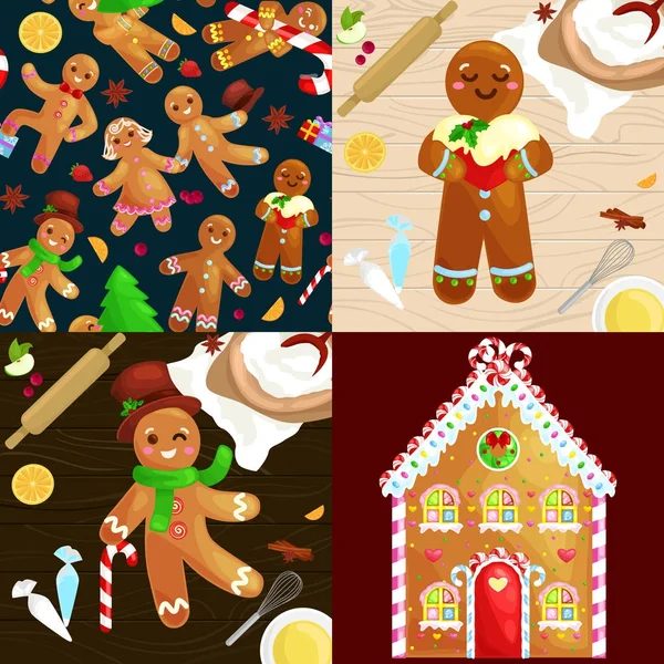 Set christmas cookies speculaaspop en meisje in de buurt van zoete huis versierd met slagroom dansen met plezier in een GLB de boom geschenken, xmas voedsel vectorillustratie — Stockvector