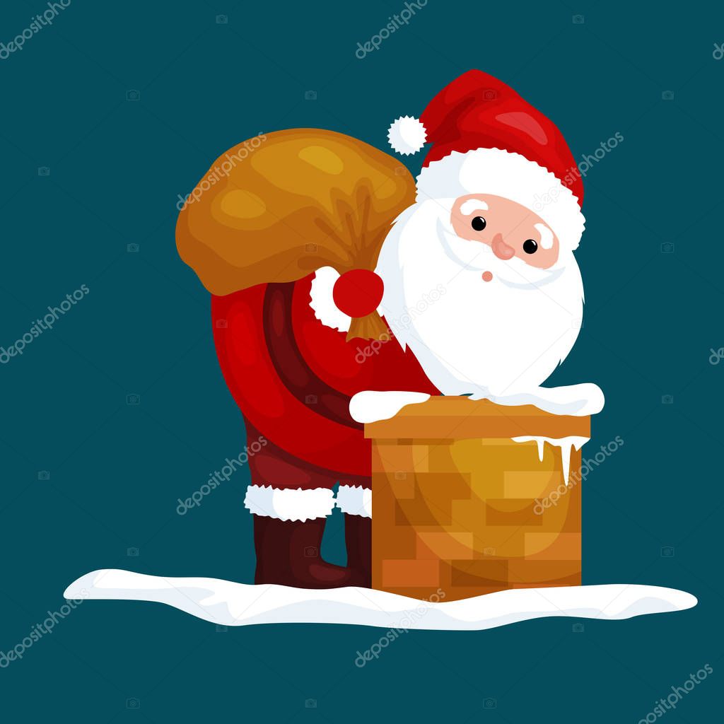 christmas Santa Claus in red suit with bag full of gifts in the chimney climbs that would give presents on  Eve or winter holiday xmass, new year vector illustration
