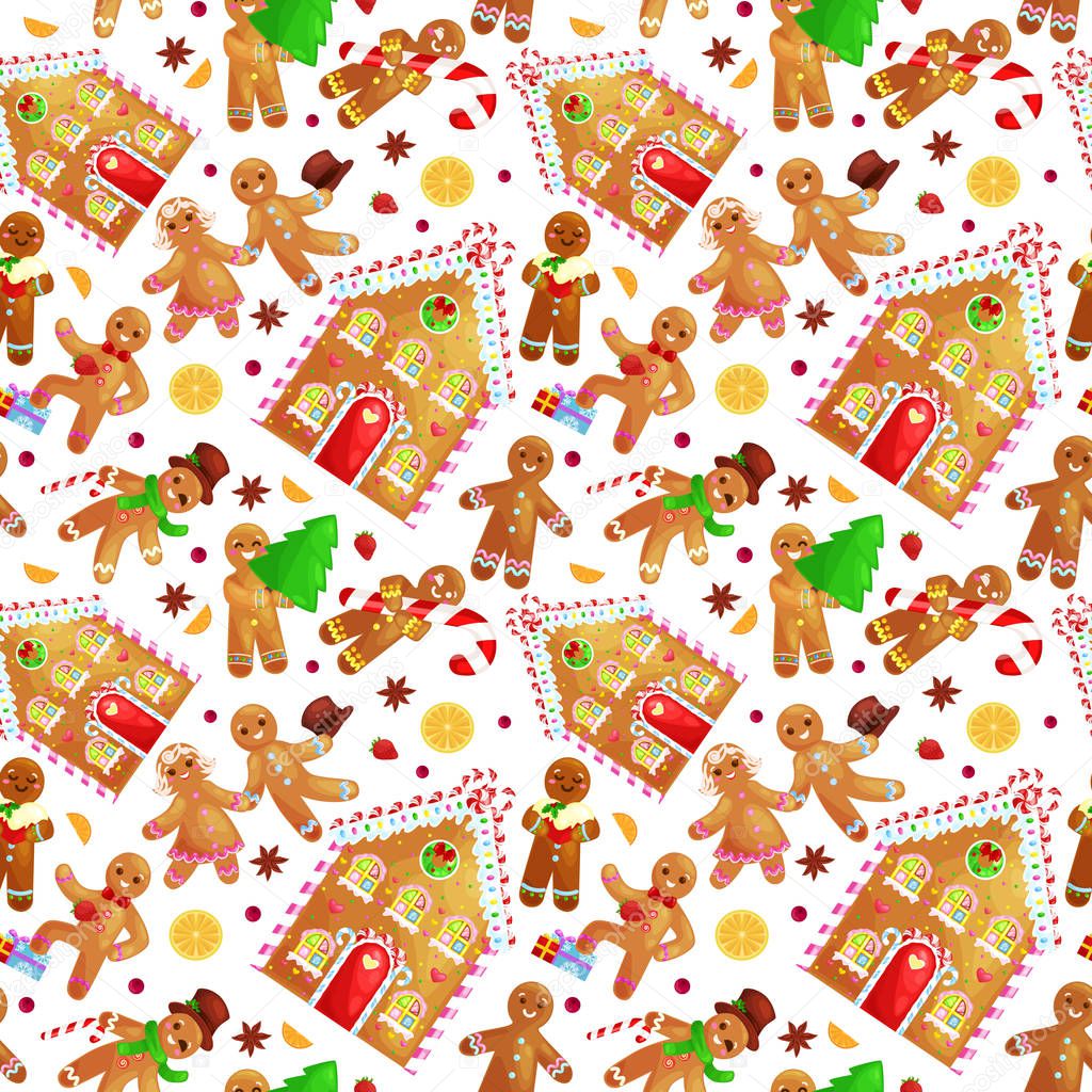 seamless pattern christmas cookies gingerbread man and girl near sweet house decorated with icing dancing  having fun in a cap  the  tree  gifts, xmas  food vector illustration