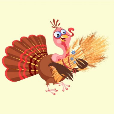 Karikatür Şükran Türkiye karakter holding spikelets, sonbahar tatil kuş vektör çizim mutlu tebrik metin ilanda veya kartı arka plan üzerinde