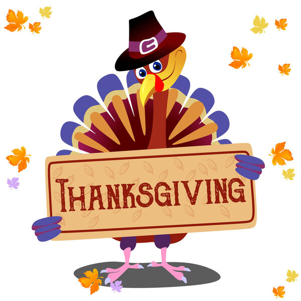 Cartoon thanksgiving turkey character in hat, autumn holiday bird vector illustration happy greeting text on flyer or card on background with falling leaves