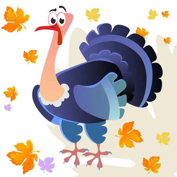 Dessin animé Thanksgiving caractère de la dinde, automne vacances oiseau vecteur illustration sur fond blanc avec des feuilles tombantes . — Image vectorielle