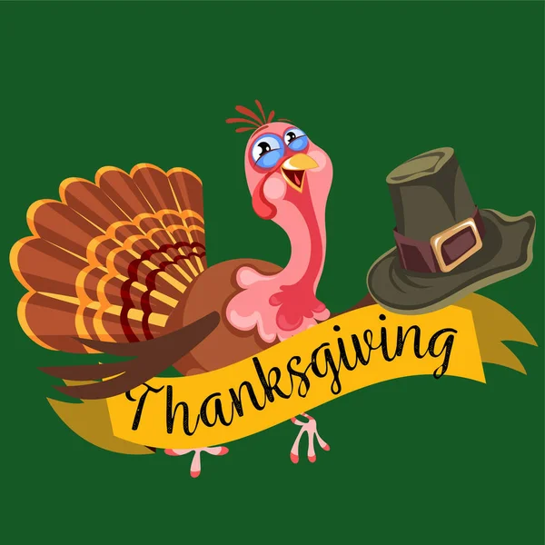 Cartoon thanksgiving Turkije karakter in de hoed, herfstvakantie vogel vector illustratie gelukkig begroeting op flyer of kaart op witte achtergrond — Stockvector