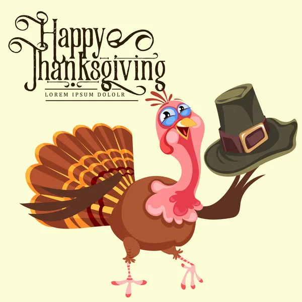 Cartoon thanksgiving Turkije karakter in de hoed, herfstvakantie vogel vector illustratie gelukkig begroeting op flyer of kaart op witte achtergrond — Stockvector