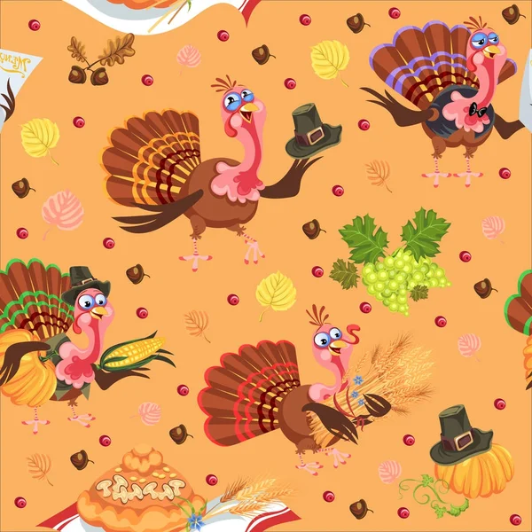 Бесшовный рисунок мультфильм благодарения персонаж индейки в шляпе с урожаем, листья, желуди, кукуруза, осенний праздник вектор иллюстрации птицы фон для ткани или обертывания — стоковый вектор